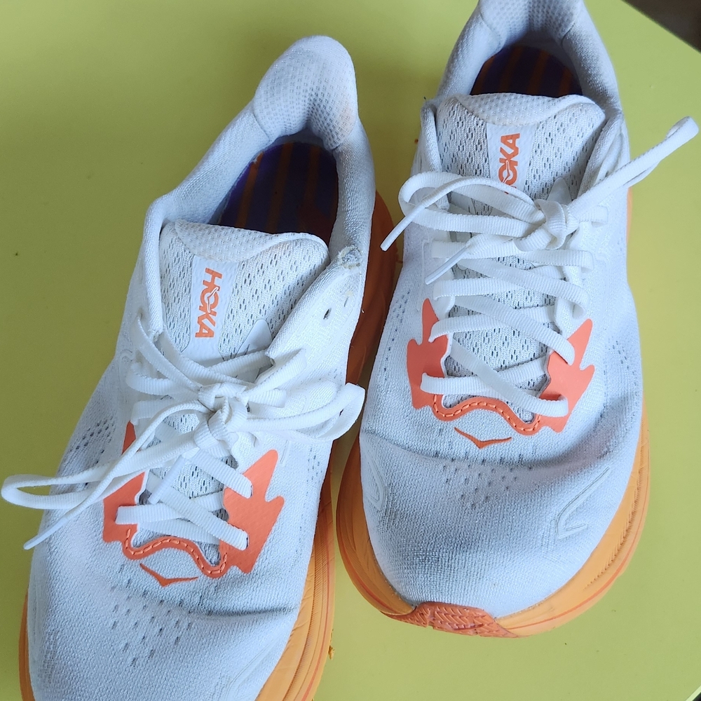 Hoka Clifton 10 White and Orange Running Shoes